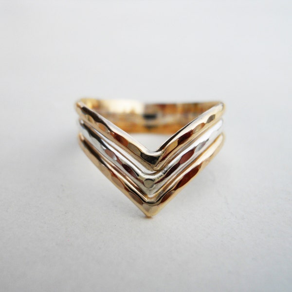 Triple Chevron V Ring Hammered 14k Gold Filled and Sterling Silver