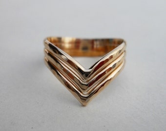 14k Gold Filled Triple Chevron V Ring Hammered