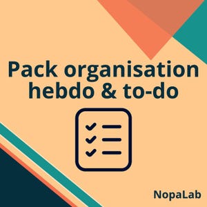 May include: An image with the text "Pack organisation hebdo & to-do" in dark teal. Below the text is a dark teal square with a checklist icon. The background is a light orange with teal, orange, and dark teal geometric shapes.