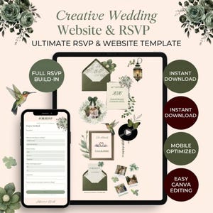 May include: A digital wedding website and RSVP template displayed on a tablet and smartphone. The design features sage green floral accents, a hummingbird, and envelopes. Text includes Creative Wedding Website & RSVP, Full RSVP Build-in, Instant Download, Mobile Optimized, and Easy Canva Editing.