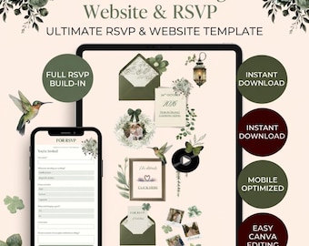 Olive Green & Ivory Floral Wedding Website with RSVP Function: Editable Canva Template (Digital Download)