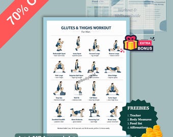 May include: A workout guide for glutes and thighs, featuring illustrated exercises. The blue and white chart includes exercise names and diagrams, with a bonus gift and freebies. The text "70% OFF" is in the upper left corner.