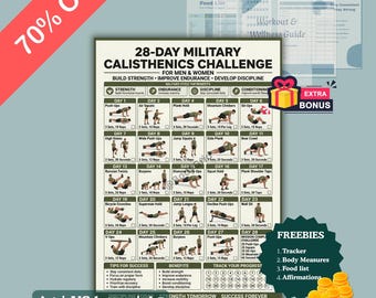 28-daagse militaire calisthenics-uitdaging, trainingsschema met lichaamsgewicht, bootcamp fitnessposter (pdf)