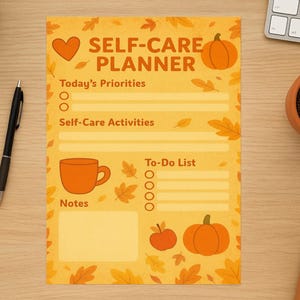 Fall Self-Care Planner Printable – Daily Self Care Sheet, US Letter Size PDF, Burnt Orange Autumn Wellness Journal Page