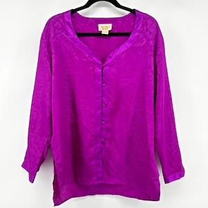 Vtg 90&#39;s Victoria&#39;s Secret Gold Label Purple Satin Print Night Pajama Shirt EUC