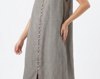 Loose Linen Maxi Dress with Buttons, Plaid Summer Dress, Sleeveless Gingham Caftan, Oversized Linen Jumper, Boho Checkered Long Dress