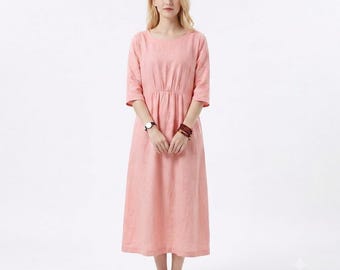 Women's Casual Loose Pink Linen Midi Dress with Pockets, Cotton Linen Dress