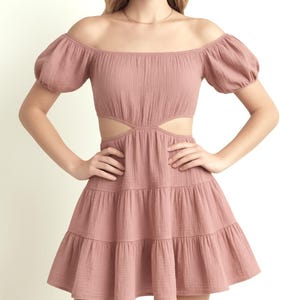 Dusty Pink Musselin Sommerkleid – Boho Kleid – Kurzes lässiges Kleid für Frauen – Minimalistisches weiches Baumwollkleid