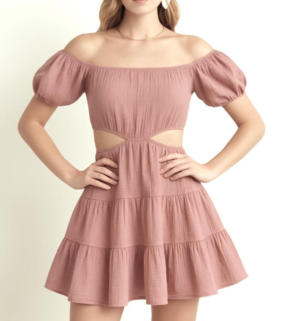 dusty pink casual dress Day + Moon Poplin Drop Waist Dress in Red/White main image 0