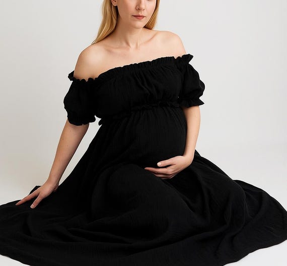 Black Muslin Maternity Dress | Black Boho Pregnancy Dress | Soft Cotton Baby Shower Outfit | Photoshoot Dress | Summer Maxi Dress