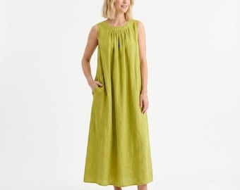 Chartreuse Green Linen Maxi Dress – Chartreuse Sleeveless Dress for Summer, Sustainable Linen Dress, Pocket Dress, Loose Linen  Dress