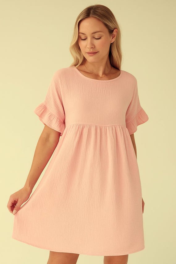 Light Pink Muslin Summer Dress - Pink Boho Dress - Short Casual Dress for Women - Minimalist Soft Cotton Dress