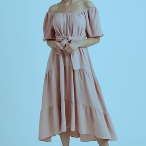 Boho Muslin Cotton Dress | Summer Bohemian Midi Dress | Dusty Pink Cotton Dress | Flowy Beach Dress | Handmade Women&#39;s Clothing