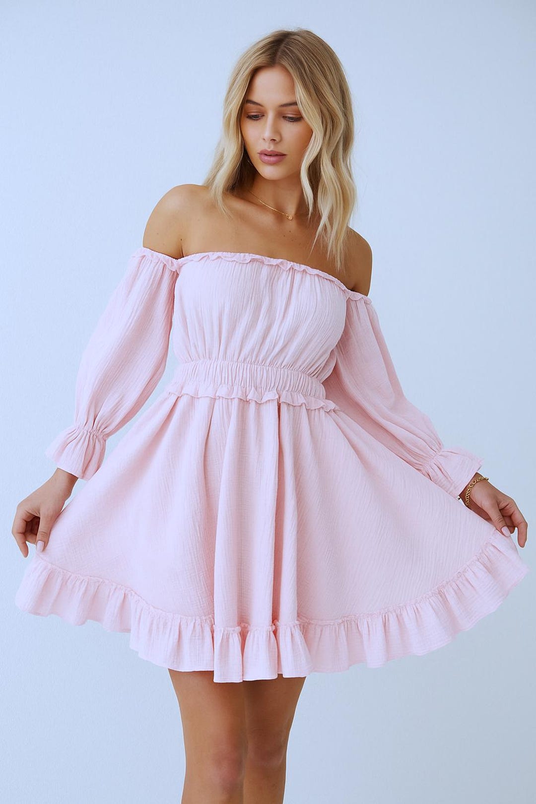 Light Pink Muslin Summer Dress - Pink Boho Dress - Short Casual Dress for Women - Minimalist Soft Cotton Dress