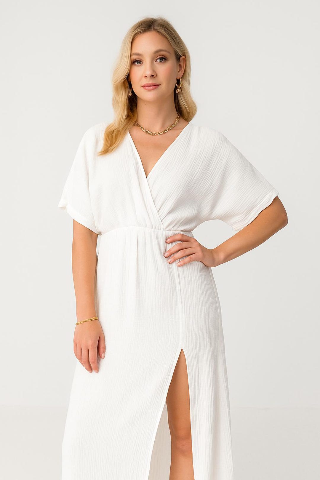 White Boho Maxi Dress - Muslin Cotton Summer Dress, White Beach Dress, Bohemian Long Dress, Casual Wrap Cotton Dress, Rustic Dress