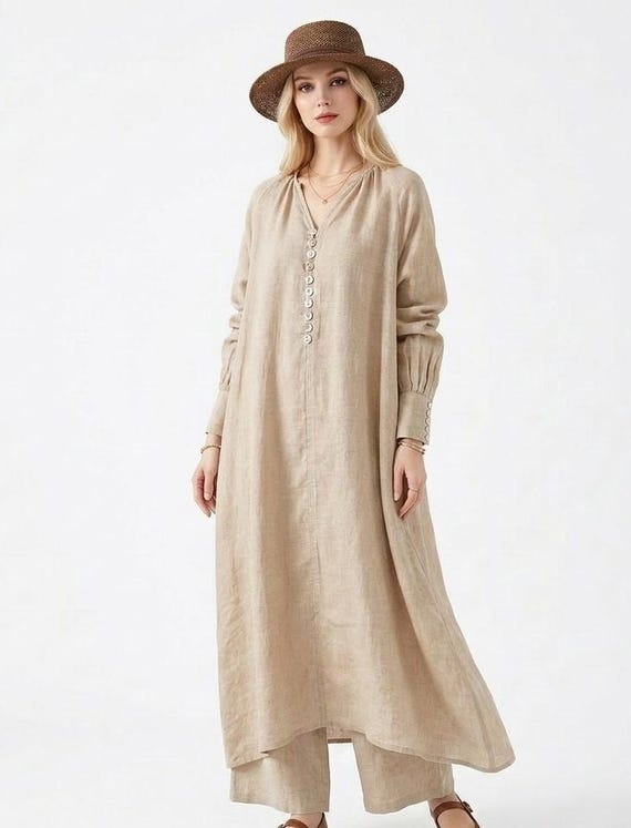 Beige Linen Shirt Dress, Long Sleeve Linen Maxi Dress, Button Sleeve Kaftan, High Low Linen Tunic, Loose Minimalist Dress, Neutral Caftan