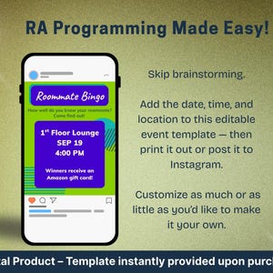 Puede incluir: Un smartphone muestra una plantilla de evento "Roommate Bingo". La pantalla muestra los detalles del evento: "1st Floor Lounge, SEP 19, 16:00." El texto dice "RA Programming Made Easy!" y "Producto digital - Plantilla proporcionada instantáneamente después de la compra."