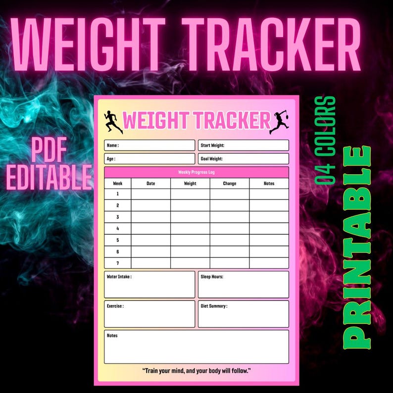 Weekly Weight Tracker Printable & Editable PDF | 4 Color Versions ...