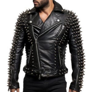 Rogue Men’s Black Studded & Spiked Biker Leather Jacket – Heavy Metal Punk Rock Style