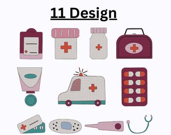 May include: An illustration featuring 11 medical-themed designs. The designs include a clipboard, pill bottles, a first aid kit, a tube of ointment, an ambulance, a blister pack of pills, a bandage, a thermometer, and a stethoscope. The text "11 Design" is at the top.