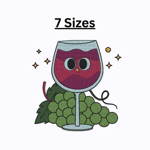 May include: A cartoon illustration of a wine glass with a face, filled with red wine, and a bunch of green grapes. The text "7 Sizes" is above the wine glass. Sparkling stars surround the wine glass.