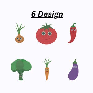 May include: Image shows six cartoon vegetable designs: an onion, tomato, chilli pepper, broccoli, carrot, and aubergine. Each vegetable has a smiling face. The text "6 Design" is above the vegetables.