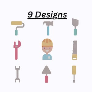 Puede incluir: Una ilustración con nueve diseños de herramientas de construcción y un trabajador de la construcción sonriente. Las herramientas incluyen un rodillo de pintura, un martillo, una espátula, una llave, una sierra, un destornillador y más. El texto "9 Designs" está encima de las herramientas.