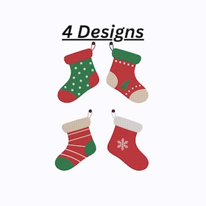 May include: Four Christmas stocking designs. Each stocking is red with green, white, or tan accents. One stocking has green polka dots, another has a green Christmas tree, a third has red stripes, and the last has a white snowflake.