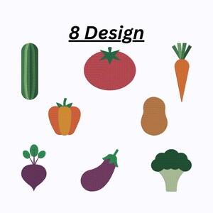 May include: An illustration featuring eight different vegetable designs. The vegetables include a green cucumber, a red tomato, an orange carrot, an orange and yellow bell pepper, a brown potato, a purple beet, a purple eggplant, and a green broccoli. The text "8 Design" is above the vegetables.