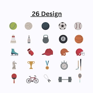 May include: A collection of 26 sports-themed design icons. The icons include a tennis ball, volleyball, bowling ball, soccer ball, baseball, badminton shuttlecock, bowling pin, kettlebell, 8-ball, basketball, ice skate, boxing glove, baseball cap, helmet, chess piece, trophy, medal, stopwatch, hockey sticks, ping pong paddle, bicycle, jump rope, dumbbell, and a tennis racket.