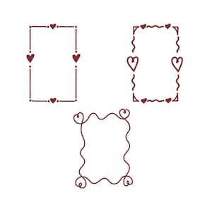 May include: Three maroon rectangular frames with heart and dot details. The frames feature various border styles, including straight lines, wavy lines, and decorative swirls. The frames are set against a white background.