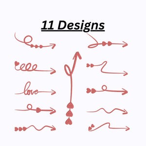 Pode incluir: Uma coleção de onze designs de setas vermelhas sobre um fundo branco. As setas variam em estilo, algumas com detalhes de coração, e uma com a palavra "love". O texto "11 Designs" está acima das setas.