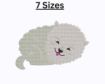 May include: An embroidered design of a light gray, fluffy dog lying down, with a pink tongue sticking out. The text "7 Sizes" is above the dog. The dog has a happy expression.