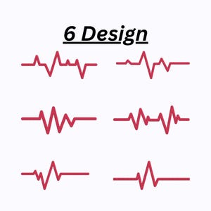 Op de afbeelding: Zes rode hartslagontwerpen op een witte achtergrond. De tekst "6 Design" staat boven de illustraties. Elk ontwerp vertegenwoordigt een andere variatie van een hartslag golfvorm, geschikt voor medische of gezondheidsgerelateerde toepassingen.