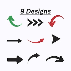Könnte beinhalten: Neun Pfeildesigns in verschiedenen Stilen und Farben, darunter Grün, Schwarz und Rot. Der Text "9 Designs" wird über den Pfeilen angezeigt. Die Pfeile zeigen in verschiedene Richtungen, einige sind gebogen und andere gerade.