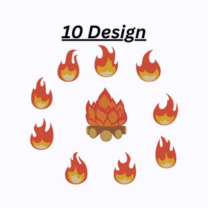 May include: A collection of ten fire-themed designs. The designs include nine stylized flames in red and yellow, encircling a central campfire illustration. The text "10 Design" is displayed above the designs.