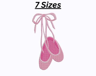 May include: Pink ballet slippers with a bow and long ribbons, embroidered on a white background. The text "7 Sizes" is above the slippers. The slippers are a light pink color with a darker pink interior.