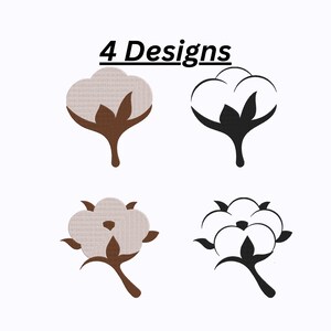 Può includere: Quattro disegni di piante di cotone sono mostrati su sfondo bianco. Due disegni sono a colori, con un fiore di cotone beige e uno stelo marrone. Gli altri due disegni sono in bianco e nero. Il testo "4 Designs" è sopra i disegni.