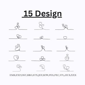 Puede incluir: Un fondo blanco presenta 15 diseños minimalistas de corazones en negro. Cada diseño es un dibujo de línea continua de corazones. El texto "15 Design" está en la parte superior y las abreviaturas de los tipos de archivo en la parte inferior.