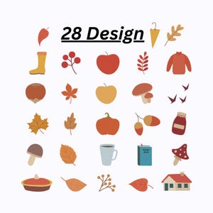 May include: A collection of 28 autumn-themed designs, including a red apple, orange pumpkin, acorns, and a cozy sweater. The designs are in a flat, cartoon style, with a white background. Text reads "28 Design".