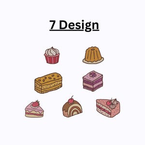 Puede incluir: Una ilustración con siete diseños de postres diferentes. La imagen incluye una magdalena, un molde de gelatina, un pastel rectangular, un pastel cuadrado en capas, una rebanada de pastel con una fresa, un pastel enrollado con una cereza y una rebanada de pastel con cerezas. El texto "7 Design" está en la parte superior.
