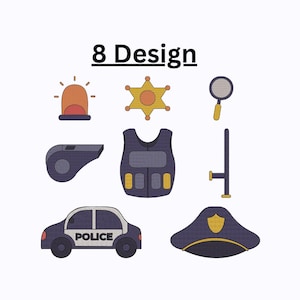 Peut inclure: Illustration de huit motifs sur le thème de la police. Comprend une sirène, un insigne de shérif, une loupe, un sifflet, un gilet, un bâton, une voiture de police et un chapeau de police. Le texte "8 Design" est au-dessus.