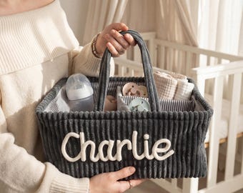 Custom Corduroy Diaper Caddy 3D Name Portable Nursery Organizer Baby Boy Girl Storage Basket
