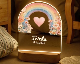 Personalized Rainbow Night Light, Flower Lamp with Name, Gift for Girl's Birth, Baby Bedside Lamp, Christening Gift, Nursery Decor
