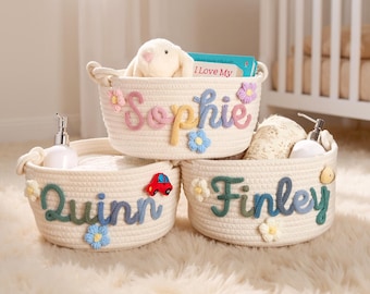 Canasta de bebé personalizada · Canasta tejida con monograma · Canasta de algodón tejida para guardería · Regalo para recién nacidos · Canasta para baby shower · Regalo para nietos