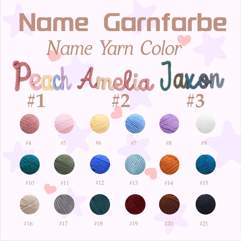 May include: A product display featuring yarn color options and name examples. The text reads "Name Yarn Color" and displays the names "Peach", "Amelia", and "Jaxon" in yarn. Below are 21 yarn color swatches, each with a corresponding number.