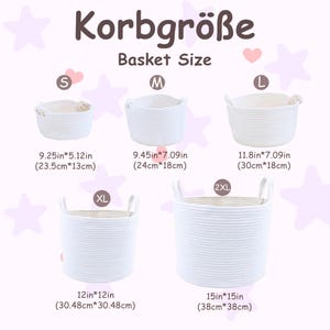 May include: White rope baskets in various sizes, labeled S, M, L, XL, and 2XL. Dimensions are provided in inches and centimeters. The text "Korbgr&ouml;&szlig;e Basket Size" is at the top of the image.