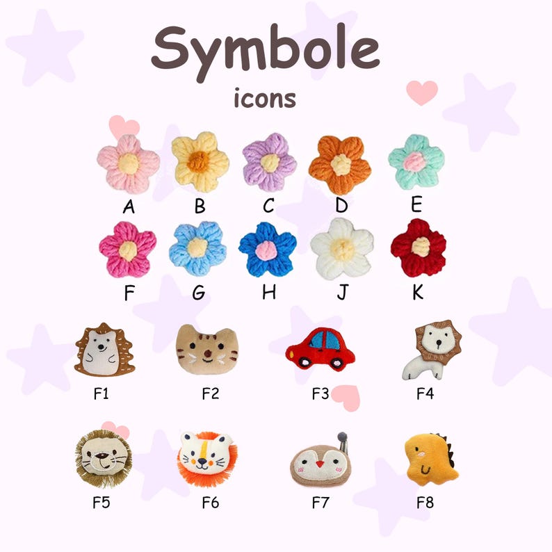 May include: An assortment of colorful crochet symbols and icons, including flowers, a hedgehog, a cat face, a red car, a lion, an owl, and a dinosaur. The word "Symbole" and "icons" are written at the top.