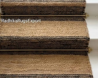 Handwoven Jute Runner: Black Stripe Stair Runner  Boho Farmhouse Style  Eco-Friendly Natural Fibers