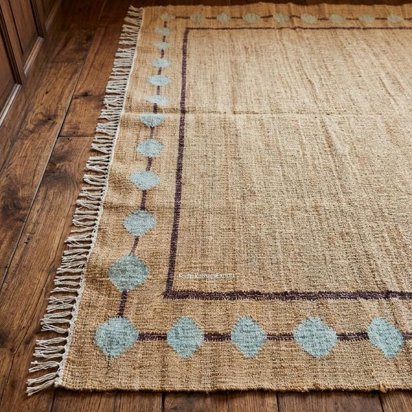 Handwoven Jute Cotton Dhurrie Rug – Geometric Natural Fiber Accent Home Decor